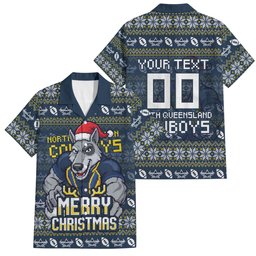 Personalized Cowboys Christmas Family Matching Summer Maxi Dress and Hawaiian Shirt Australian Rugby Fans - Pixelated Ugly Xmas Pattern Mascot Santa