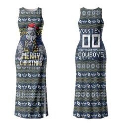 Personalized Cowboys Christmas Family Matching Tank Maxi Dress and Hawaiian Shirt Australian Rugby Fans - Pixelated Ugly Xmas Pattern Mascot Santa
