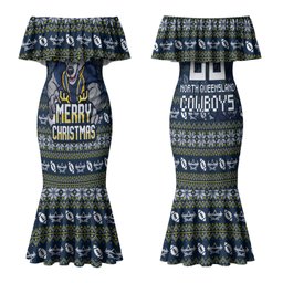 Personalized Cowboys Christmas Family Matching Mermaid Dress and Hawaiian Shirt Australian Rugby Fans - Pixelated Ugly Xmas Pattern Mascot Santa