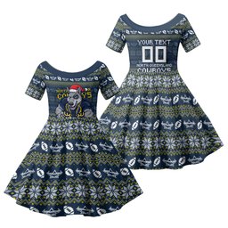 Personalized Cowboys Christmas Family Matching Summer Maxi Dress and Hawaiian Shirt Australian Rugby Fans - Pixelated Ugly Xmas Pattern Mascot Santa