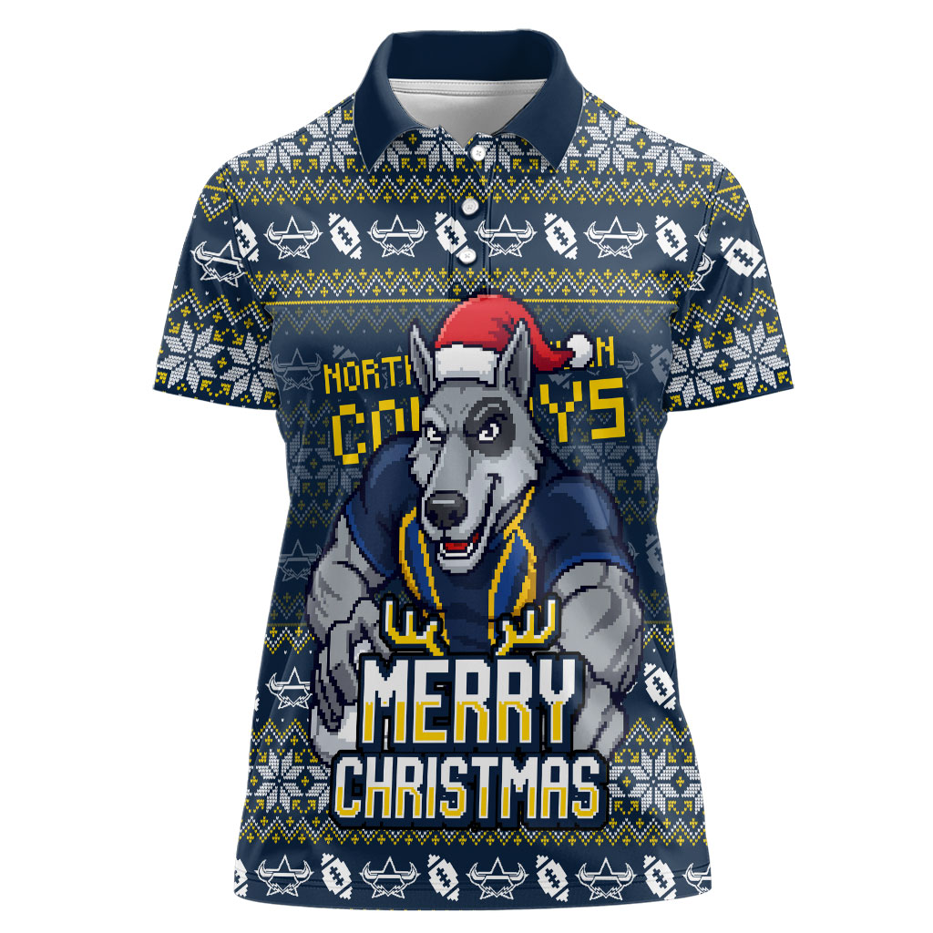Personalized Cowboys Christmas Women Polo Shirt Australian Rugby Fans - Pixelated Ugly Xmas Pattern Mascot Santa