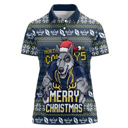 Personalized Cowboys Christmas Women Polo Shirt Australian Rugby Fans - Pixelated Ugly Xmas Pattern Mascot Santa