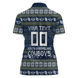 Personalized Cowboys Christmas Women Polo Shirt Australian Rugby Fans - Pixelated Ugly Xmas Pattern Mascot Santa