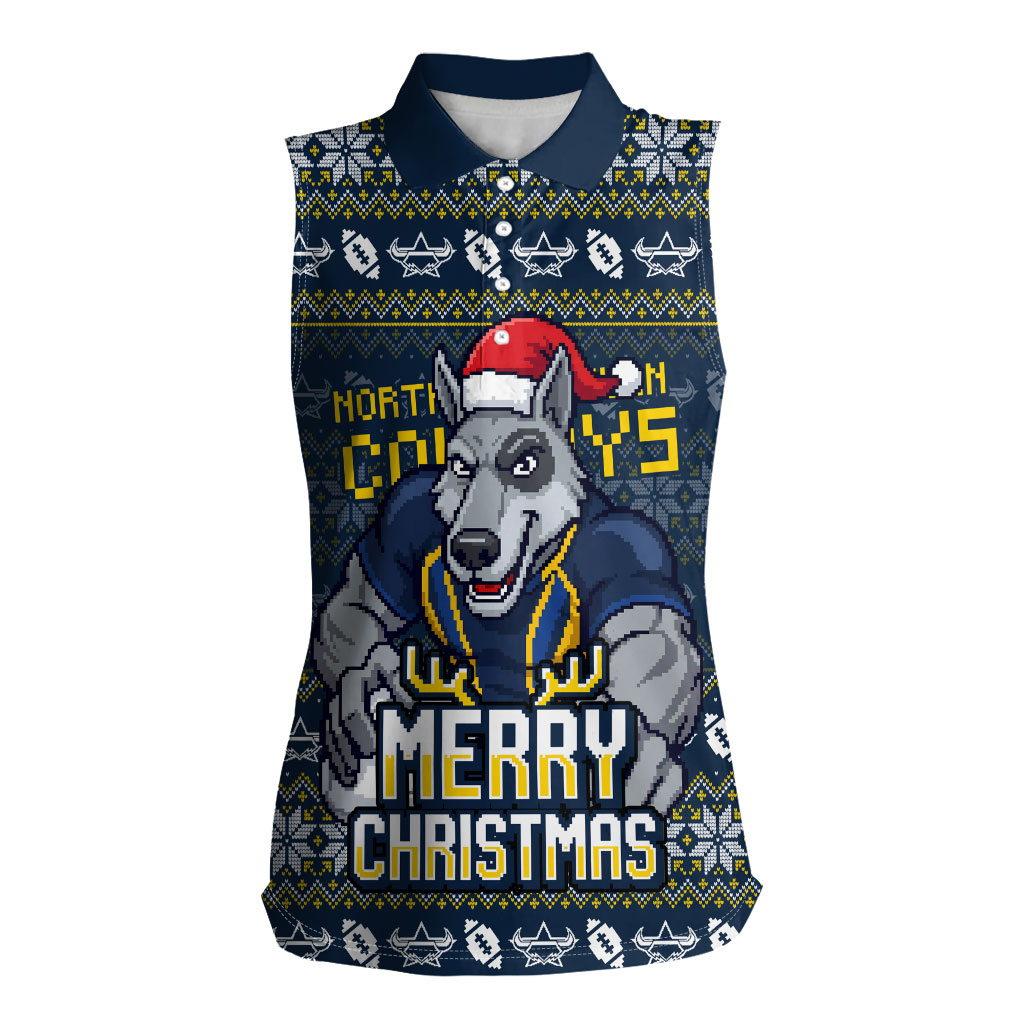Personalized Cowboys Christmas Women Sleeveless Polo Shirt Australian Rugby Fans - Pixelated Ugly Xmas Pattern Mascot Santa