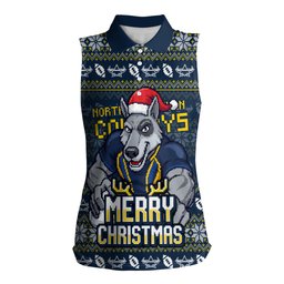 Personalized Cowboys Christmas Women Sleeveless Polo Shirt Australian Rugby Fans - Pixelated Ugly Xmas Pattern Mascot Santa