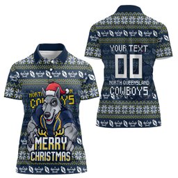 Personalized Cowboys Christmas Women Polo Shirt Australian Rugby Fans - Pixelated Ugly Xmas Pattern Mascot Santa