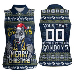 Personalized Cowboys Christmas Women Sleeveless Polo Shirt Australian Rugby Fans - Pixelated Ugly Xmas Pattern Mascot Santa