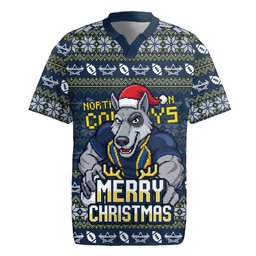 Personalized Cowboys Christmas Rugby Jersey Australian Rugby Fans - Pixelated Ugly Xmas Pattern Mascot Santa