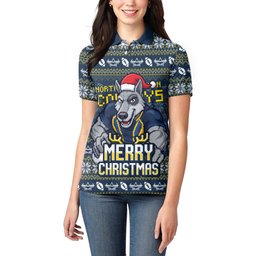 Personalized Cowboys Christmas Women Polo Shirt Australian Rugby Fans - Pixelated Ugly Xmas Pattern Mascot Santa