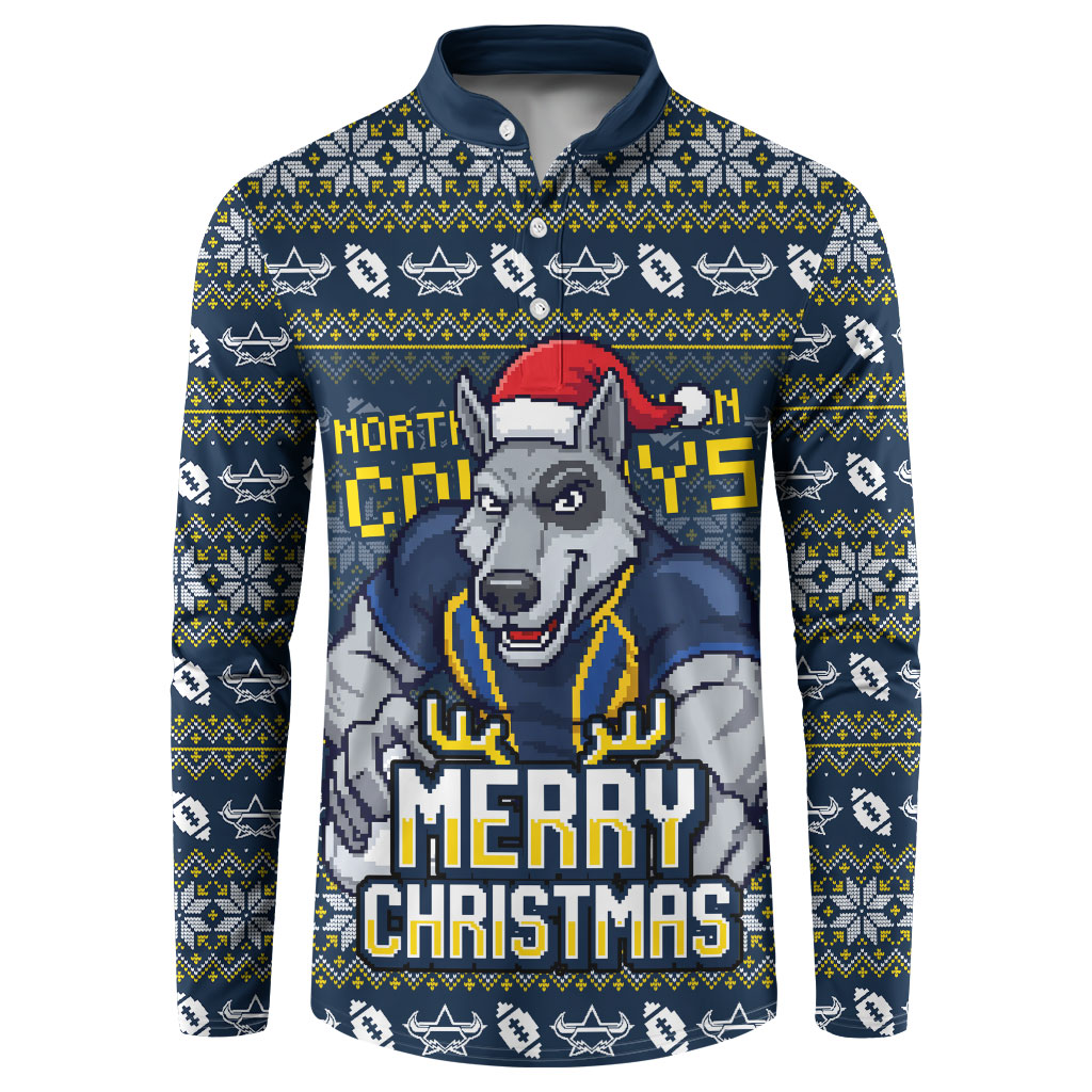 Personalized Cowboys Christmas Button Sweatshirt Australian Rugby Fans - Pixelated Ugly Xmas Pattern Mascot Santa