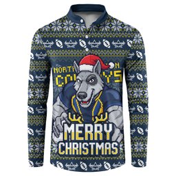 Personalized Cowboys Christmas Button Sweatshirt Australian Rugby Fans - Pixelated Ugly Xmas Pattern Mascot Santa