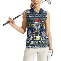 Personalized Cowboys Christmas Women Sleeveless Polo Shirt Australian Rugby Fans - Pixelated Ugly Xmas Pattern Mascot Santa