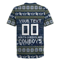 Personalized Cowboys Christmas Rugby Jersey Australian Rugby Fans - Pixelated Ugly Xmas Pattern Mascot Santa