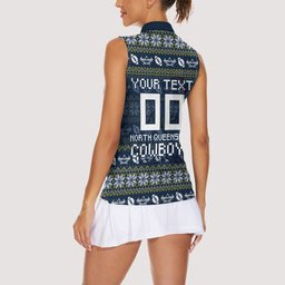 Personalized Cowboys Christmas Women Sleeveless Polo Shirt Australian Rugby Fans - Pixelated Ugly Xmas Pattern Mascot Santa