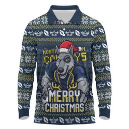 Personalized Cowboys Christmas Long Sleeve Polo Shirt Australian Rugby Fans - Pixelated Ugly Xmas Pattern Mascot Santa