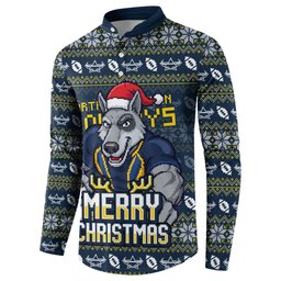 Personalized Cowboys Christmas Button Sweatshirt Australian Rugby Fans - Pixelated Ugly Xmas Pattern Mascot Santa