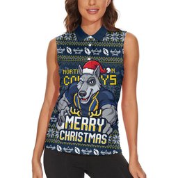 Personalized Cowboys Christmas Women Sleeveless Polo Shirt Australian Rugby Fans - Pixelated Ugly Xmas Pattern Mascot Santa