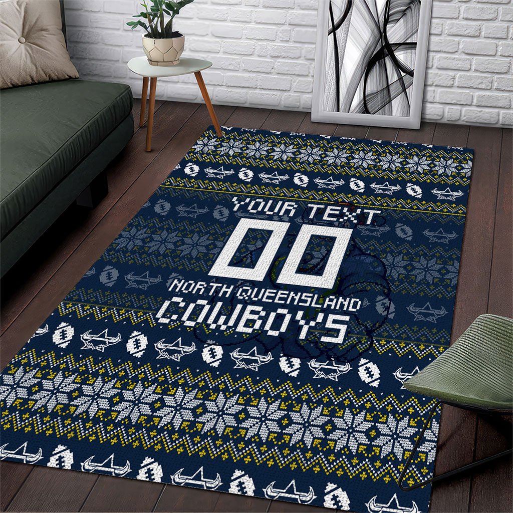 Personalized Cowboys Christmas Area Rug Australian Rugby Fans - Pixelated Ugly Xmas Pattern Mascot Santa