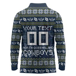 Personalized Cowboys Christmas Long Sleeve Polo Shirt Australian Rugby Fans - Pixelated Ugly Xmas Pattern Mascot Santa