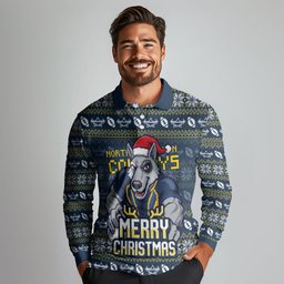 Personalized Cowboys Christmas Long Sleeve Polo Shirt Australian Rugby Fans - Pixelated Ugly Xmas Pattern Mascot Santa