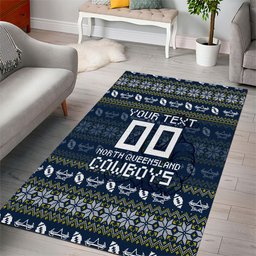 Personalized Cowboys Christmas Area Rug Australian Rugby Fans - Pixelated Ugly Xmas Pattern Mascot Santa
