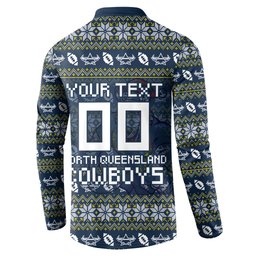 Personalized Cowboys Christmas Button Sweatshirt Australian Rugby Fans - Pixelated Ugly Xmas Pattern Mascot Santa