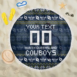 Personalized Cowboys Christmas Beach Blanket Australian Rugby Fans - Pixelated Ugly Xmas Pattern Mascot Santa