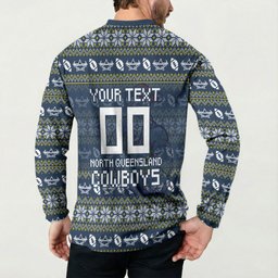 Personalized Cowboys Christmas Button Sweatshirt Australian Rugby Fans - Pixelated Ugly Xmas Pattern Mascot Santa