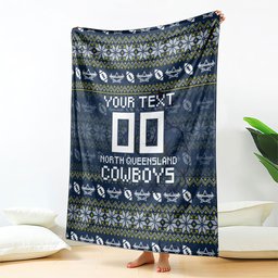 Personalized Cowboys Christmas Blanket Australian Rugby Fans - Pixelated Ugly Xmas Pattern Mascot Santa