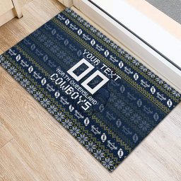 Personalized Cowboys Christmas Rubber Doormat Australian Rugby Fans - Pixelated Ugly Xmas Pattern Mascot Santa