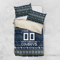 Personalized Cowboys Christmas Bedding Set Australian Rugby Fans - Pixelated Ugly Xmas Pattern Mascot Santa