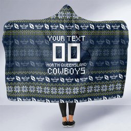 Personalized Cowboys Christmas Hooded Blanket Australian Rugby Fans - Pixelated Ugly Xmas Pattern Mascot Santa