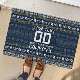 Personalized Cowboys Christmas Rubber Doormat Australian Rugby Fans - Pixelated Ugly Xmas Pattern Mascot Santa