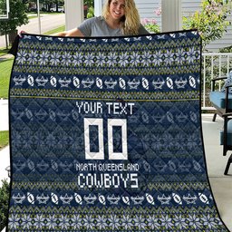 Personalized Cowboys Christmas Quilt Australian Rugby Fans - Pixelated Ugly Xmas Pattern Mascot Santa