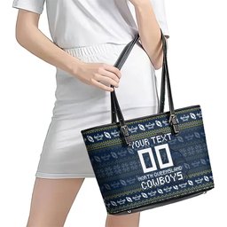 Personalized Cowboys Christmas Leather Tote Bag Australian Rugby Fans - Pixelated Ugly Xmas Pattern Mascot Santa