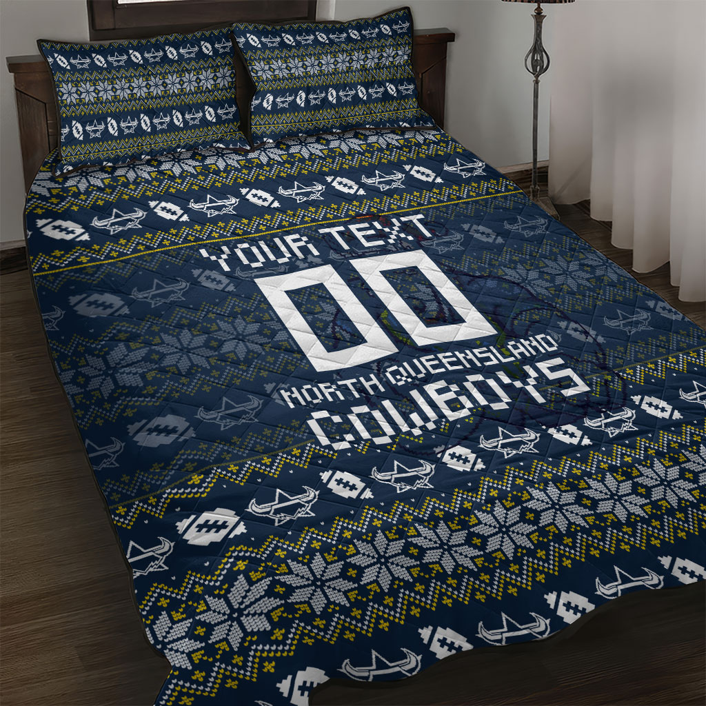 Personalized Cowboys Christmas Quilt Bed Set Australian Rugby Fans - Pixelated Ugly Xmas Pattern Mascot Santa