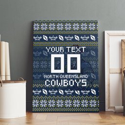 Personalized Cowboys Christmas Canvas Wall Art Australian Rugby Fans - Pixelated Ugly Xmas Pattern Mascot Santa