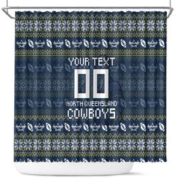 Personalized Cowboys Christmas Shower Curtain Australian Rugby Fans - Pixelated Ugly Xmas Pattern Mascot Santa