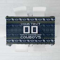 Personalized Cowboys Christmas Tablecloth Australian Rugby Fans - Pixelated Ugly Xmas Pattern Mascot Santa