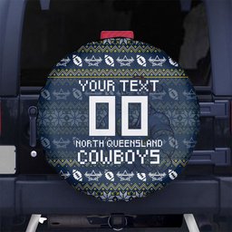 Personalized Cowboys Christmas Spare Tire Cover Australian Rugby Fans - Pixelated Ugly Xmas Pattern Mascot Santa