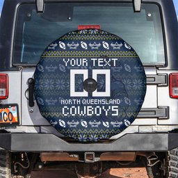 Personalized Cowboys Christmas Spare Tire Cover Australian Rugby Fans - Pixelated Ugly Xmas Pattern Mascot Santa