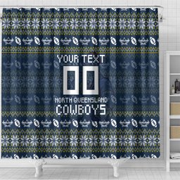 Personalized Cowboys Christmas Shower Curtain Australian Rugby Fans - Pixelated Ugly Xmas Pattern Mascot Santa