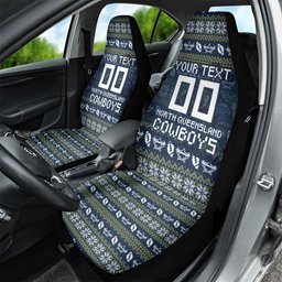 Personalized Cowboys Christmas Car Seat Cover Australian Rugby Fans - Pixelated Ugly Xmas Pattern Mascot Santa