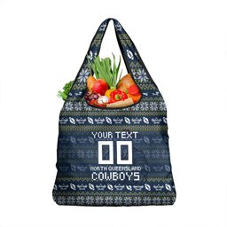 Personalized Cowboys Christmas Grocery Bag Australian Rugby Fans - Pixelated Ugly Xmas Pattern Mascot Santa