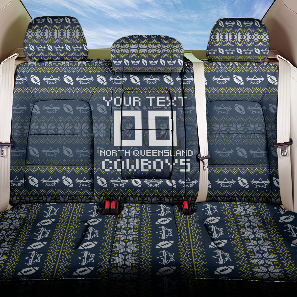 Personalized Cowboys Christmas Back Car Seat Cover Australian Rugby Fans - Pixelated Ugly Xmas Pattern Mascot Santa