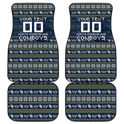 Personalized Cowboys Christmas Car Mats Australian Rugby Fans - Pixelated Ugly Xmas Pattern Mascot Santa