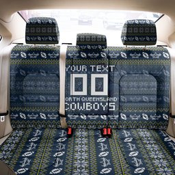Personalized Cowboys Christmas Back Car Seat Cover Australian Rugby Fans - Pixelated Ugly Xmas Pattern Mascot Santa