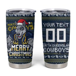 Personalized Cowboys Christmas Tumbler Cup Australian Rugby Fans - Pixelated Ugly Xmas Pattern Mascot Santa
