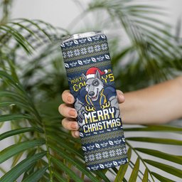 Personalized Cowboys Christmas Skinny Tumbler Australian Rugby Fans - Pixelated Ugly Xmas Pattern Mascot Santa