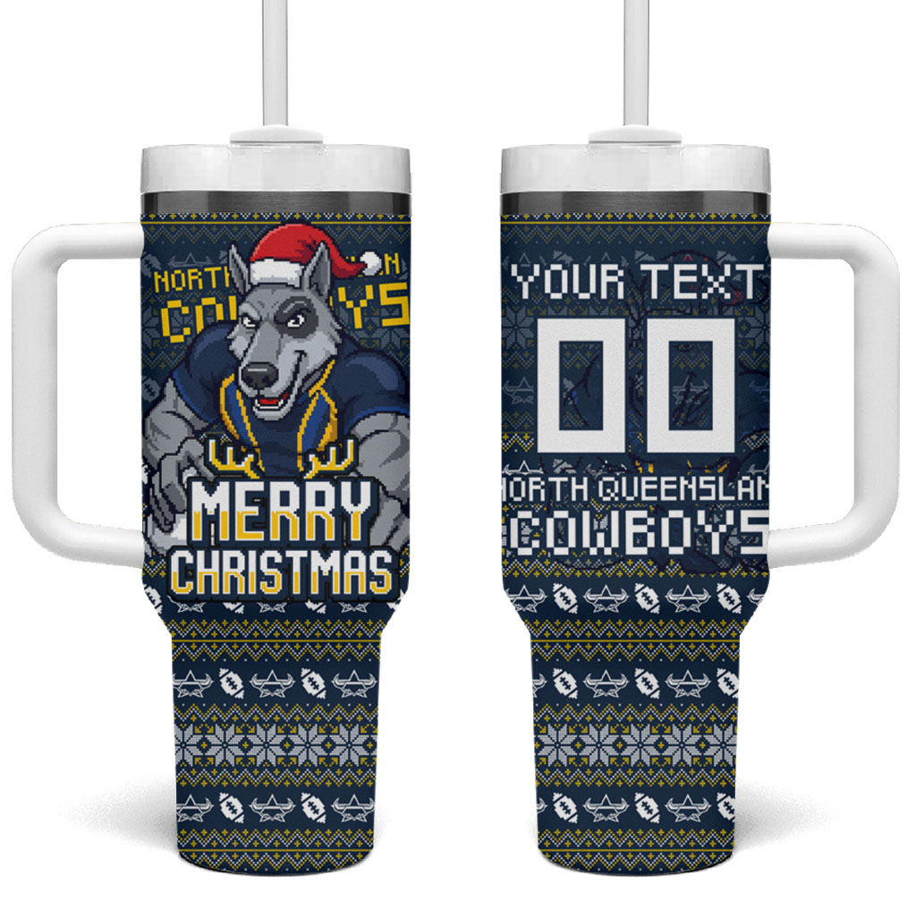 Personalized Cowboys Christmas Tumbler With Handle Australian Rugby Fans - Pixelated Ugly Xmas Pattern Mascot Santa